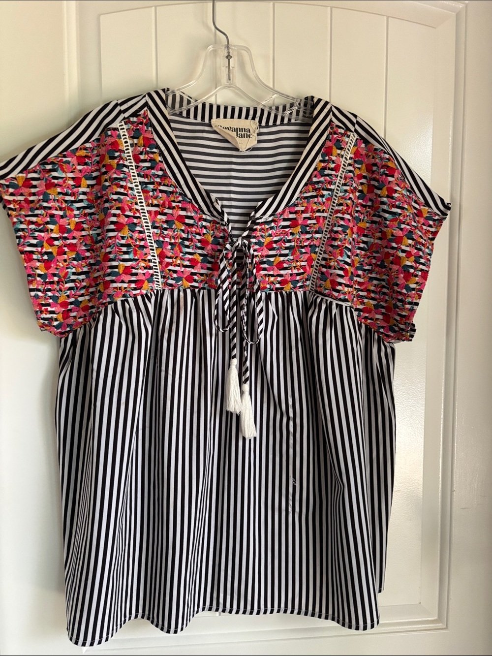 Savanna Jane Black & White Striped Tunic with Multicolor Embroidered Yoke